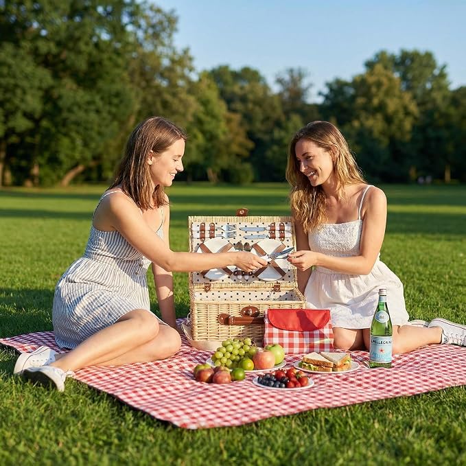 Multifunctional Wicker Picnic Basket Set for 4 Blanket Family Folding Wine Table,Insulated Portable Extra Big Storage Capacity Woven Rattan Canasta De Full Tablewares Camping Outdoor Flowers Star