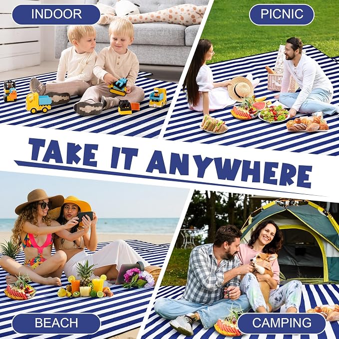 80" x 100" Extra Large Picnic Blankets Beach Mat Sandproof Waterproof Foldable Oxford Blue Strip Blanket Beach Mat Fall Picnic Stuff for Family Camping Hiking Party Park Travel Grass