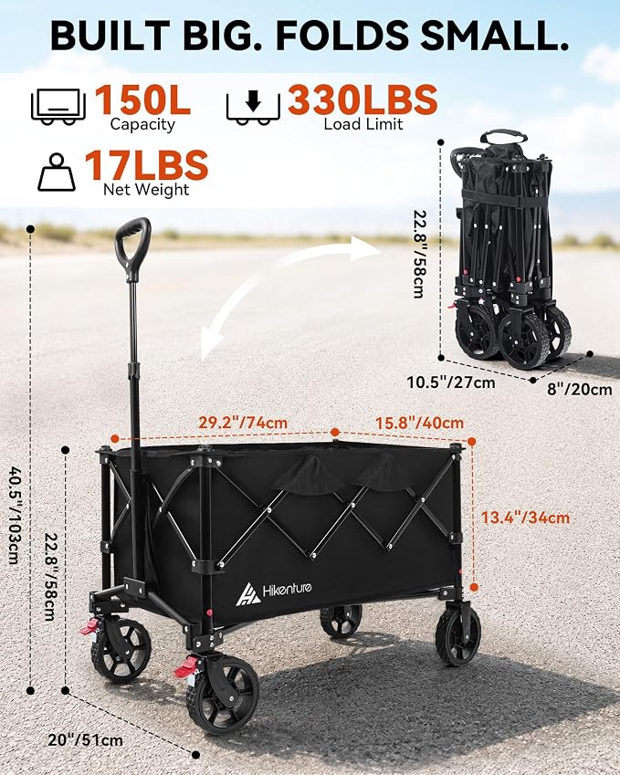 Hikenture Wagons Carts Foldable 330LBS, Heavy Duty Collapsible Wagon | Utility Wagon for Grocery, Garden, Camping & Sports Gear; One-Hand Fold; 360-Degree Wheels; Built-In Wheel Brake