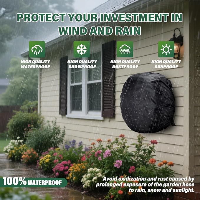 Wall-Mounted Hose Holder Cover - Fits Standard 5/8" Hoses (0-75 ft), Extends Hose & Hook Lifespan - Weatherproof Protection Against Rain, Sun & Snow - Black Cover Only