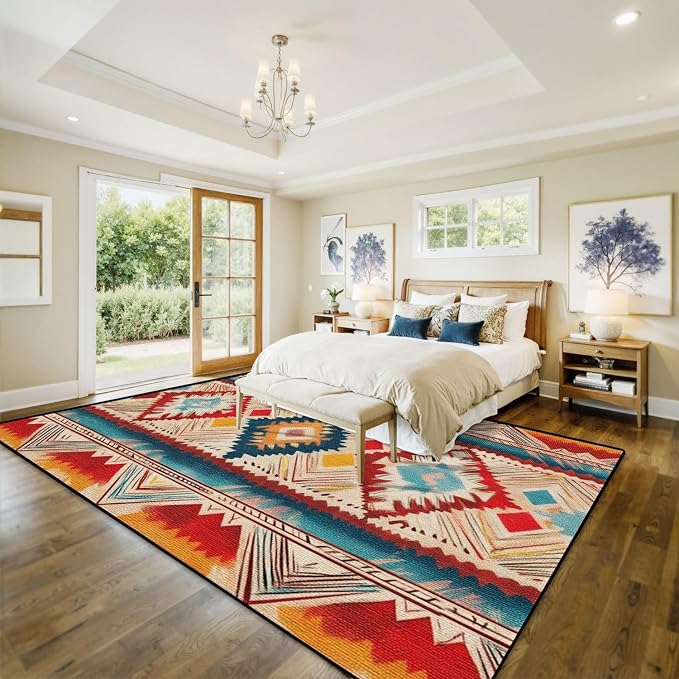 10x14 Area Rugs for Living Room Native American Indian Ornament Pattern Geometric Ethnic Textile Washable Large Area Rug for Bedroom Non Slip Outdoor Carpets Soft Mats Kitchen Home Office Decor