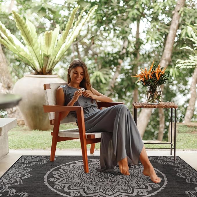 CAMILSON Outdoor Rug 9x12 Modern Area Rugs for Large Indoor and Outdoor Patios and Porches - Washable, Non-Shedding, Easy-to-Clean Outside Carpet (9 x 12, Medallion - Dark Grey/Light Grey)