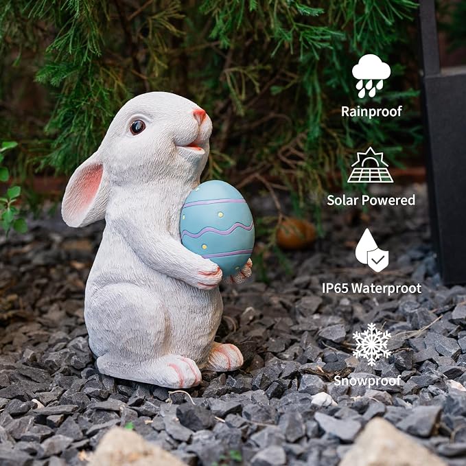 Solar Easter Rabbit Garden Statues Outdoor Easter Decorations Resin Bunny Figurine with Egg Changing LED Lights for Porch Patio Lawn Yard Gardening Gifts for Mom Grandma