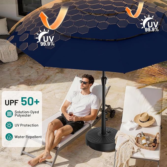 AreShark 9ft 3-Tier Patio Umbrellas, Outdoor Umbrella with 8 Sturdy Ribs UV Protection Windproof, Market Table Umbrella w/Push Button Tilt & Crank for Pool, Porch, Deck, Garden(Navy)