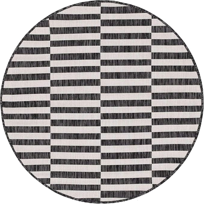 Unique Loom Outdoor Striped Collection Area Rug - Striped (4' 1" Round, Charcoal/Ivory)