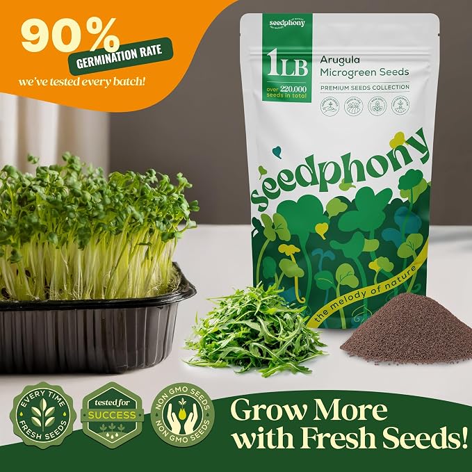 Seedphony Arugula Sprouting & Microgreens Seeds - 220,000 Non-GMO Heirloom Seed, 1lb Resealable Bag - High-Germination Arugula Seeds for Sprouting in Jars, Soil, Hydroponics & Microgreen Trays