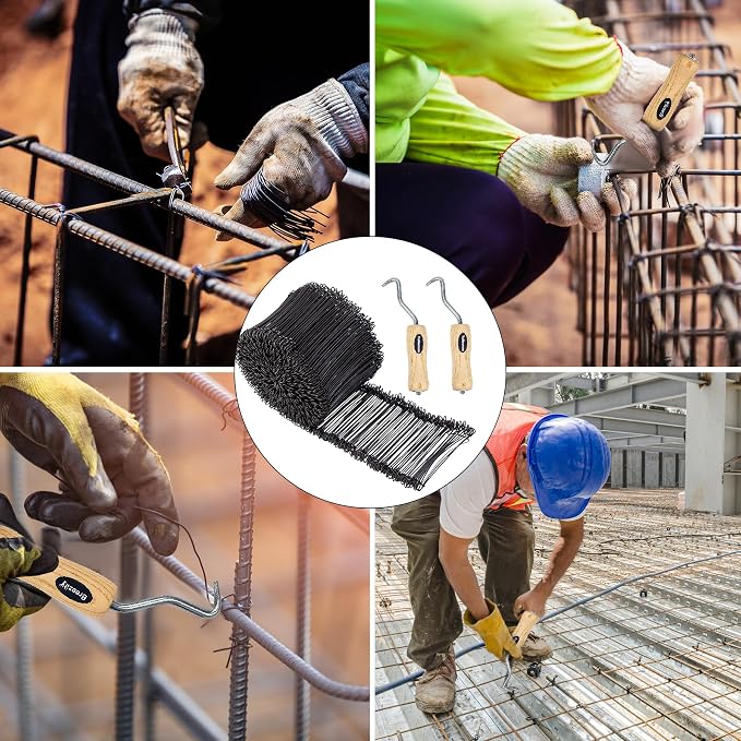 500pcs Rebar Wire Bar Ties, 6" Double Loop, 16 Gauge - Reinforcing Steel Bar Ties with Wooden Grip Handle for Concrete Construction,1 Gloves (500pcs with Wire Tie Twisters)