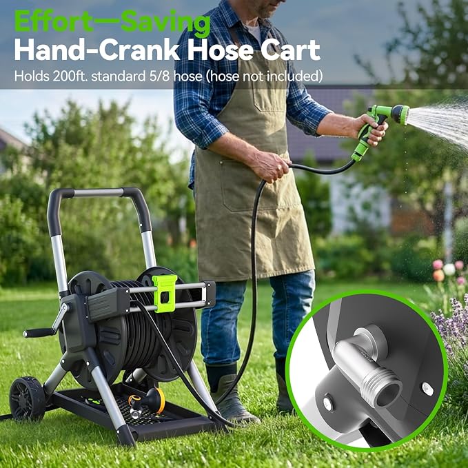 Upgrade Garden Hose Reel Cart, Holds 200 Feet of 5/8-Inch Hose, Hose Reel Cart With Effort-saving Hand Crank,Freestanding Water Hose Reels for Outside Garden Lawn Yard Outdoor