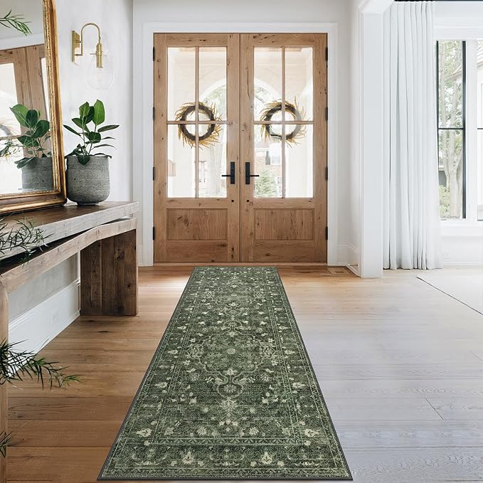 U'Artlines 2' x 6' Boho Hallway Runner Rug, Non Slip Runners, Dark Green | Washable, Vintage Farmhouse Kitchen Rug, Accent Area Carpet, for Entryway Laundry and Living Room