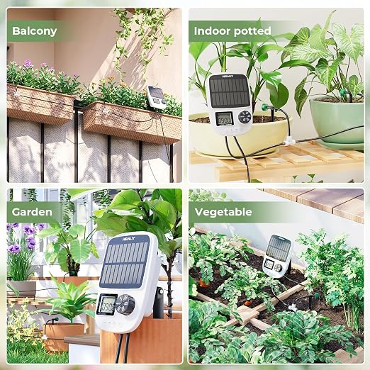 HIRALIY Solar Drip Irrigation System with Timer, Automatic Plant Watering Kit with USB Backup, 12 Pressure-Balanced Drippers, 40FT Tubing for Potted Plants, Indoor Pots & Even Watering