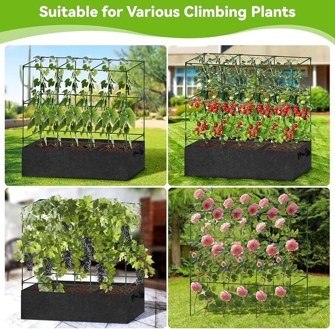 51x17x65Inch Tomato Cage for Garden - with 46 Gallon Grow Bags | Tomato Trellis for Raised Bed, Squar Garden Trellis for Climbing Plants Outdoor, for Cucumber, Vegetable, Pea, Grape, Vine