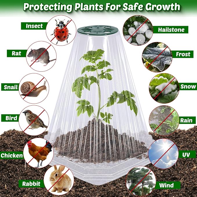 VICAMB 40 Pack Garden Cloches for Plants with 80PCS Ground Stakes,Clear Reusable Bell Covers with Rotatable Vent for Plant Protection,Garden Protector from Animals Birds Chicken,7.9" H X 6.7" D