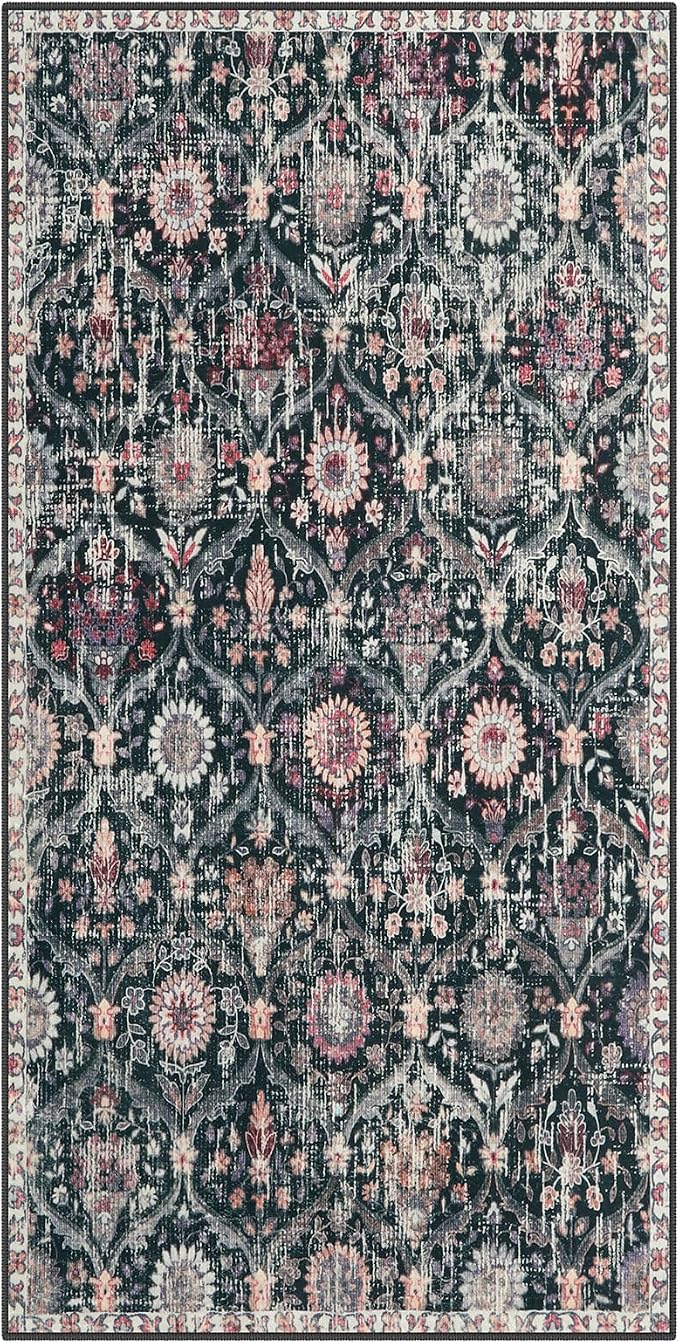 Lahome Kitchen Rugs Non Slip Washable Rugs for Entryway, Black 2x4 Rug | Non-Slip Moroccan Trellis Ultra-Thin Indoor Door Mat Small Carpet for Bathroom Bedroom Entry Elise, Black/Multi