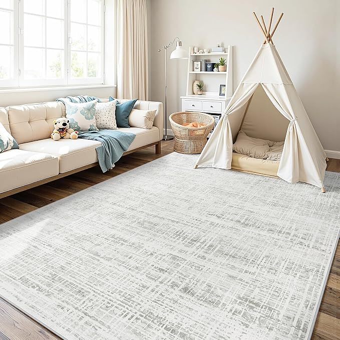 4x6 Washable Area Rug for Living Room Bedroom: Non-Slip Modern White Gray | Machine Washable TPR Backing, Stain-Resistant Low Pile, Pet & Kid Friendly, Abstract Decor for Dining Room, Dorm, Home Office