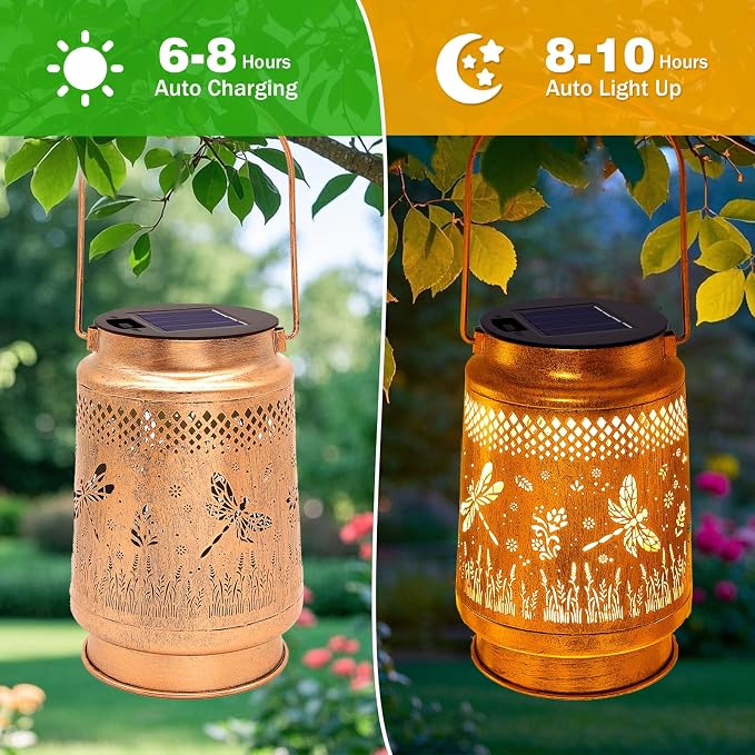 Dragonfly Solar Lanterns Outdoor with Shepherd Hook, Birthday Gift Mothers Day Gift for Women Mom Grandma Wife Daughter, Waterproof LED Hanging Lights, Decor for Yard Garden Patio Porch Lawn Tabletop