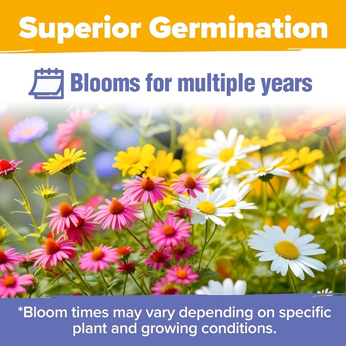 HOME GROWN USA Wildflower Seeds Bulk Mix | 44,000 Non-GMO Perennial Flower Seed for Full Sun & Shade | 19 Varieties for Butterfly & Pollinator Garden | 2 oz