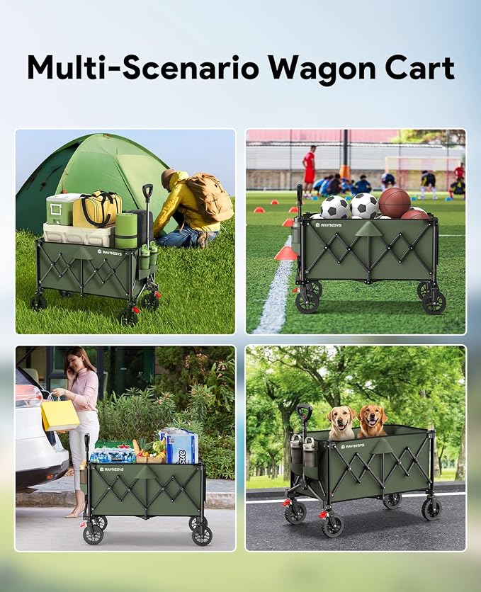 Raynesys Collapsible Foldable Wagons, 440lbs Weight Capacity Beach Wagon with All-Terrain Wheels, Heavy Duty Foldable Wagon, Utility Wagons Carts with Brakes for Camping,Sports,Shopping,Grocery, Green