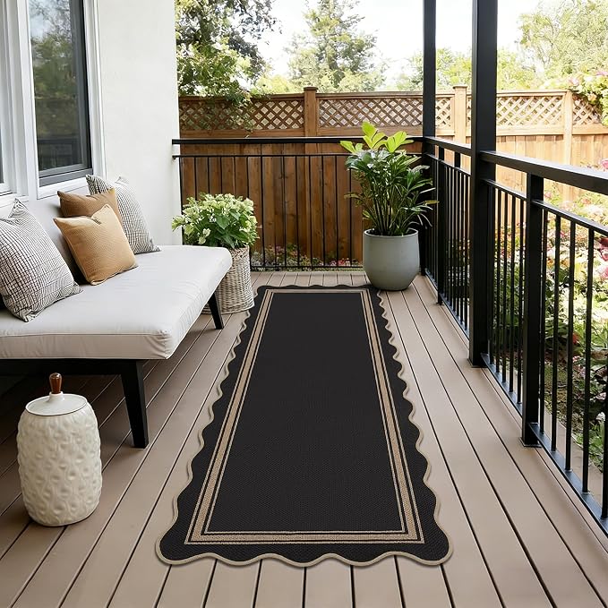 Easy Jute Kitchen Runner 2x6 Kitchen Runner Rug Washable Non Slip Outdoor Rug for Entryway Farmhouse Neutral Low Pile Scalloped Carpet for Hallyway Proch Doorway