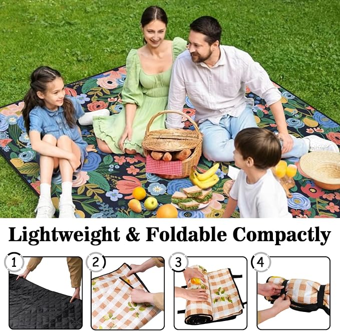 Picnic Blankets Waterproof Foldable Extra Large,80"x 80" Outdoor Beach Blanket Sandproof,3-Layer Lightweight Handy Mat Tote Picnic Camping Rugs for Outside Your Rv (Garden Party Floral Navy)