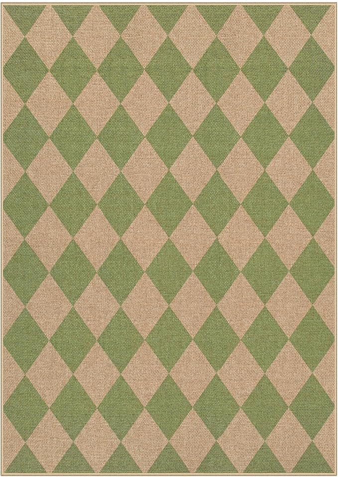 Lahome Colette Checkered Washable Rugs 5x7, Green Area Rug Neutral Large Outdoor Patio Living Room Rug, Farmhouse Non Slip Non Shedding Floor Carpet for Courtyard Camping