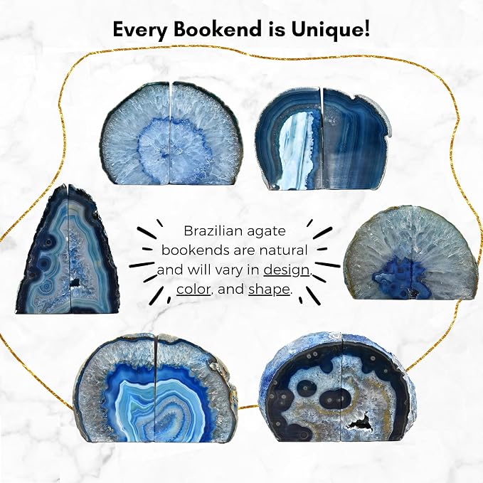 Nature's Decorations Blue Agate Bookends – A+ Grade Geode Heavy Duty Decorative Stone Crystal for Shelves & Bookcases, Natural Polished Bookshelf Decor, 1 Pair 6-8Lbs