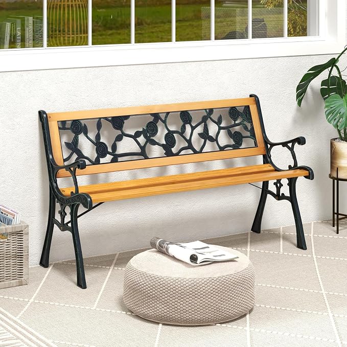Giantex 49.5" 3-Person Outdoor Bench with Floral Pattern Backrest, Slatted Seat, 470 Lbs Weight Capacity, Curved Armrests, Cast Iron Metal Bench for Park, Outside, Patio, Porch, Yard, Garden