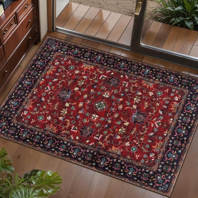 Oriental Red 2x3 Washable Rugs for Entryway, Non Slip Small Entry Rug | Vintage Floral Indoor Front Door Rug Mat, Soft Low Pile Small Carpet Throw Rugs for Entry Entrance Kitchen Bedroom Red Black