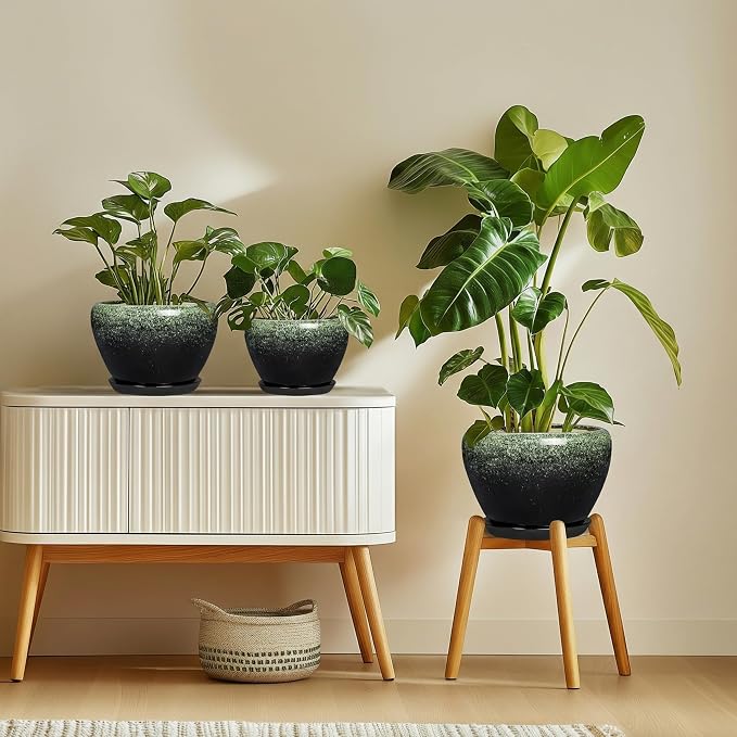 Ceramic Pots for Plants - 6 Inch Plant Pots with Drainage Hole and Saucer, Ceramic Planters for Indoor Plants, Decorative Succulent Pot, Office Decor, Gifts for Plant Lovers, Retro Green