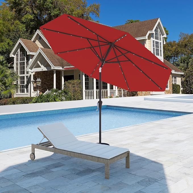 9FT Patio Umbrella with Solar Lights,Outdoor Market Umbrella with Tilt and Crank, LED Lighted Table Umbrella for Garden,Deck,Backyard,Pool,Beach (Red)