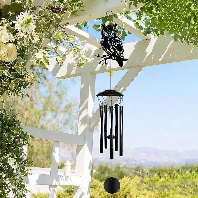 Owl Wind Chimes for Outside - Owls Windchimes Outdoors Metal Sympathy Owl Gifts for Women Mom Grandma Friend, Owls Wind Chime Outdoor Garden Patio Porch Balcony Decor (Black)