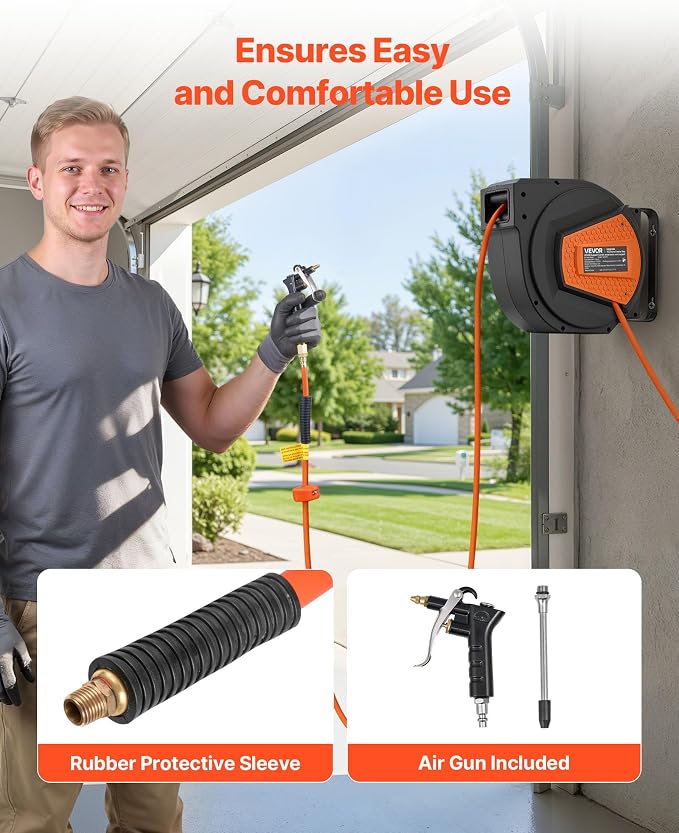 VEVOR Retractable Air Hose Reel, 1/4 Inch x 50 FT Hybrid Air Hose Max 300PSI, Enclosed Air-Compressor Hoses Reel Auto Rewind with 6.6 ft Lead in & Blow Gun, 180° Swivel Ceiling/Wall Mount