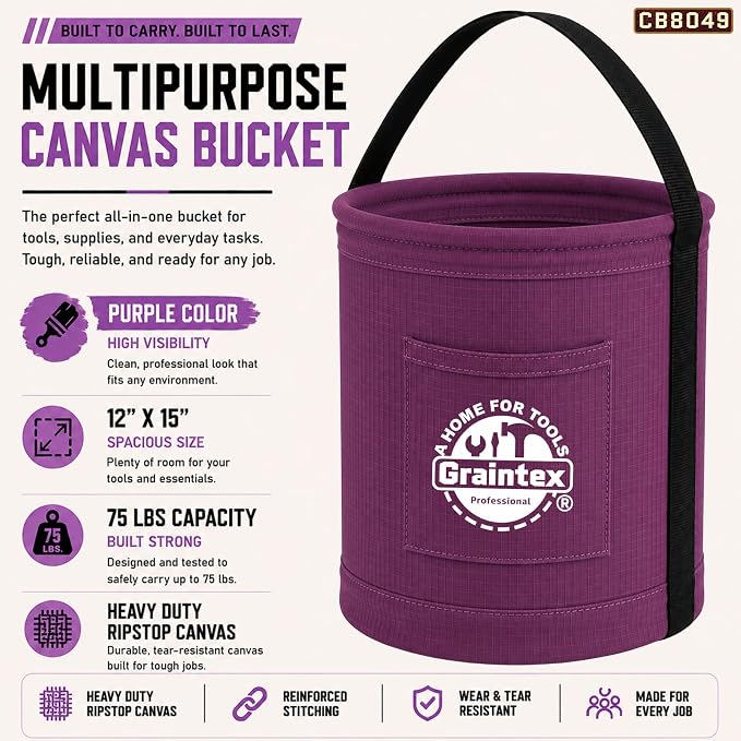 Graintex Canvas Utility Bucket 12"x15", Round Tool Bucket, Reinforced Base & Carry Handle, Ripstop Canvas, Multi-Purpose Bag for Jobsite, Gardening, Home Use, Ideal for Tool Storage Solutions