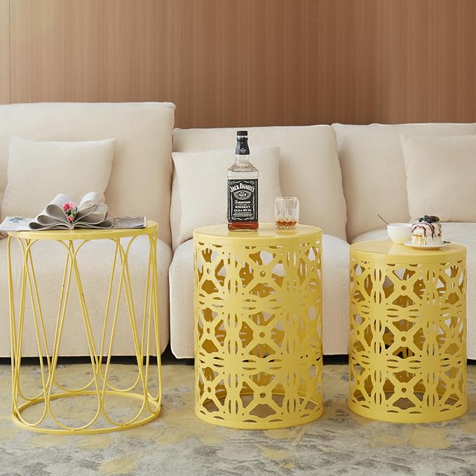 Y&M Outdoor Side Tables Set of 3, Round Metal Stacking Patio Side Tables, Indoor & Outdoor End Tables, Decorative Garden Stool Plant Stand for Patio, Garden, Balcony, Porch, Yellow