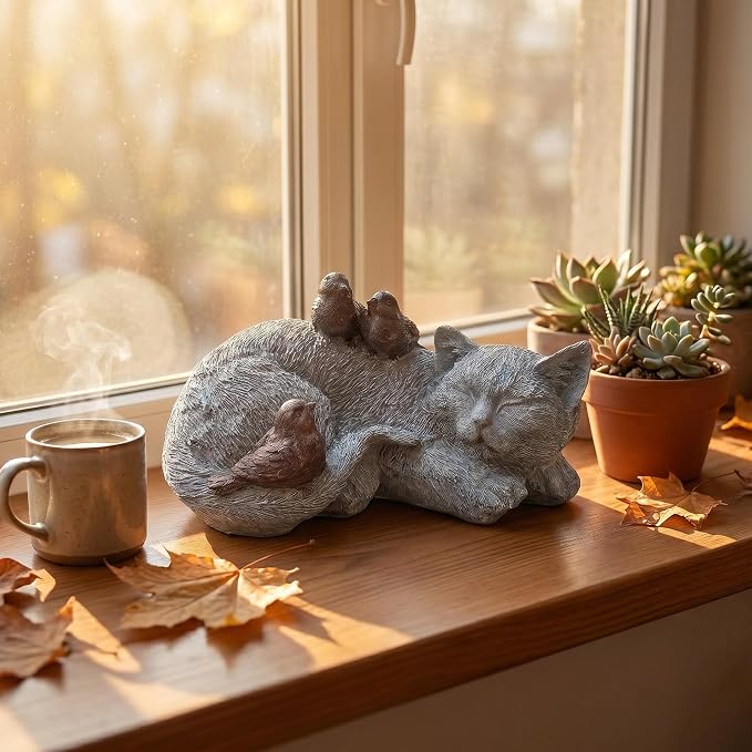 Resin Sleeping Cat Memorial Statue with Birds – Indoor Outdoor Garden Figurine Decor for Patio, Yard & Home, Realistic Tribute Sculpture, Sympathy Gift for Pet Lovers (11.4×7.3×5.9 in)