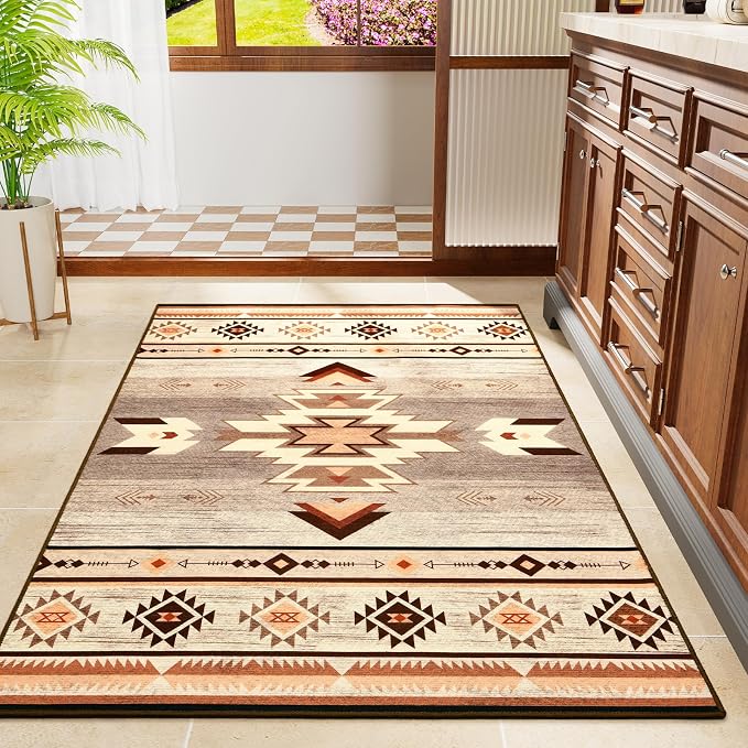 BENRON Western Area Rugs for Living Room Bedroom 3x5, Non Slip, Warm Beige | Southwest aztec Throw Rugs for Dining Table Kitchen Home Decor, Washable