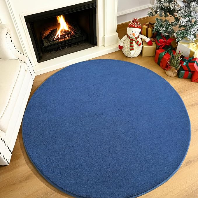 Amearea Blue Round Area Rug 4ft Washable Circle Rug for Bedroom Living Room | Fluffy Indoor Thickened Memory Foam Rugs, Non Slip Minimalist Circular Carpet for Kids Boys Girls Dorm Nursery Room Decor