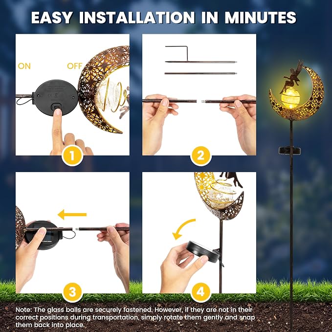 Fairy Garden Solar Lights Outdoor Decor, Moon Garden Stakes, Waterproof Outdoor Metal Decorations Gifts for Women and Mom, Art Moon Sculpture for Walkway, Yard, Patio, Garden and Porch, 2 Pack