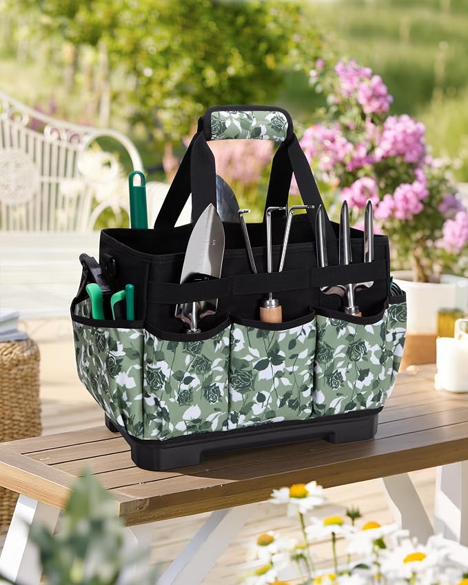 Marscamd Garden Tool Bag with Hard Bottom, Garden Tote with Shoulder Strap and Multiple Pockets (No Accessories Included), Green Rose