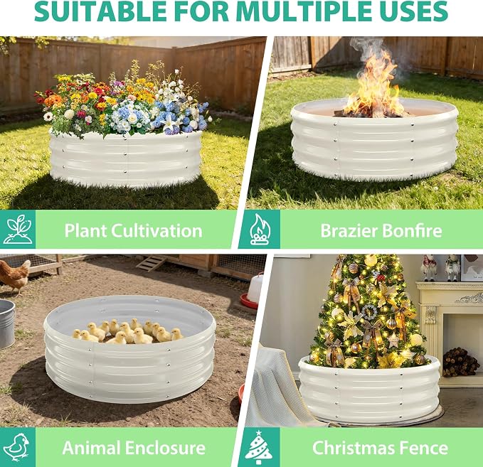 YSEJOMP 3FT Diameter Galvanized Garden Raised Bed/Plant Box/Fire Pit Ring - 0.8mm Thick,12 Inch Tall,Perfect for Planting a Variety of Flowers,Herbs,Vegetables (Cream White, 36 Dia X 12 inches)
