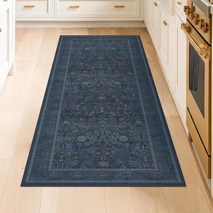 Boho Blue 2x5 Washable Laundry Entryway Mats for Floor - Small Kitchen Rug Runner Non Slip, Dark Blue Stain Resistant Area Rugs for Bedside, Bathroom, Hallway