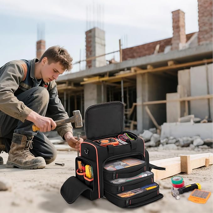 Marscamd Tool Bag with 3 Removable Cases, 2 Layers Tool Tote for Hand Tools, Black with Red Binding