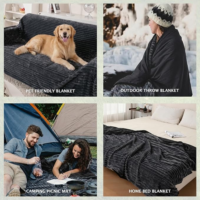 PuTian Waterproof Outdoor Blanket 79"X57" Packable, Stadium & Car Camping Blanket with Corduroy Fleece Lining, Windproof Throw for Picnic Hiking Road Trip, Machine Washable, Black 350GSM