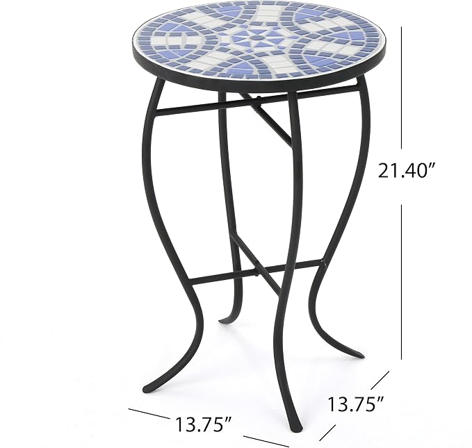 Christopher Knight Home Han Outdoor Ceramic Tile Side Table with Iron Frame, Blue / White