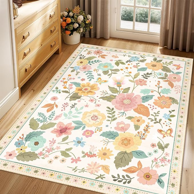 RELEANY Floral Washable 3x5 Area Rugs Beige/White/Orange | Flower Carpet, Print, Boho, Non-Slip, Easy to Clean, Soft, Low Pile for Living Room Bedroom Kitchen Office Entryway Hallway