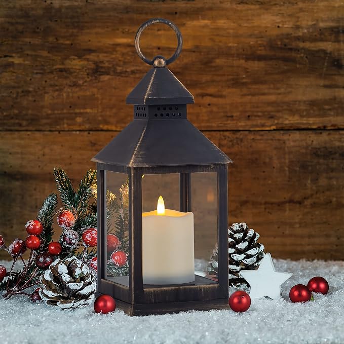 Vintage Golden Brushed Black Lantern Decorative LED Flickering Flameless Candle with Timer, Battery Powered LED Decorative Hanging Lanterns for Indoor Outdoor Garden Yard Home Decor(2 Pack)