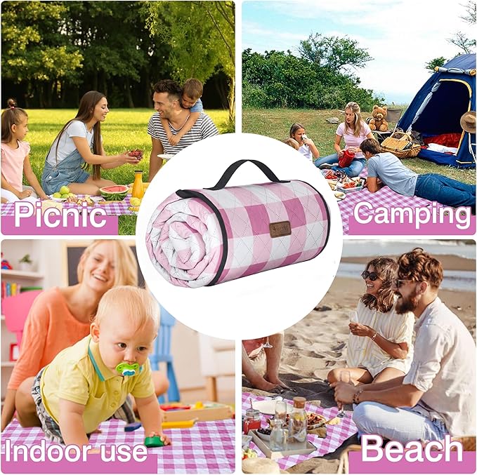 HX&OD Outdoor Picnic Blanket, Extra Large, 80''x60'' Waterproof Foldable Blankets Gingham Picnic Mat for Beach, Camping Grass Lawn Park Accessories Cute Couple Ideas Wedding (Pink, 80”x60”)