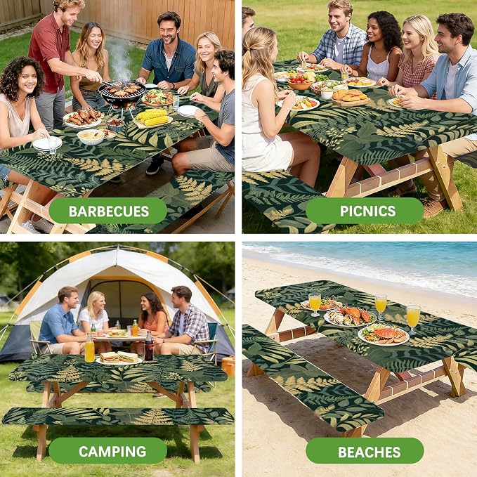 Picnic Table Cover with Bench Covers Elastic Edges, 3 Pcs Leaf View Fitted Table Cover with Drawstring Bag, Waterproof Windproof Aesthetic Camping Tablecloth, Outdoor Camping Essentials 72 Inch