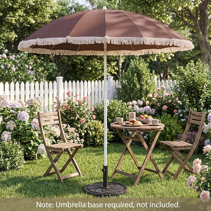 Tangkula 7FT Beach Umbrella with Fringe, Outdoor Boho Umbrella with Tassels, Push Button Tilt, Sand Anchor, 16 Ribs, Vintage Patio Umbrella with Carry Bag for Sand Deck Pool Garden Backyard (Tan)