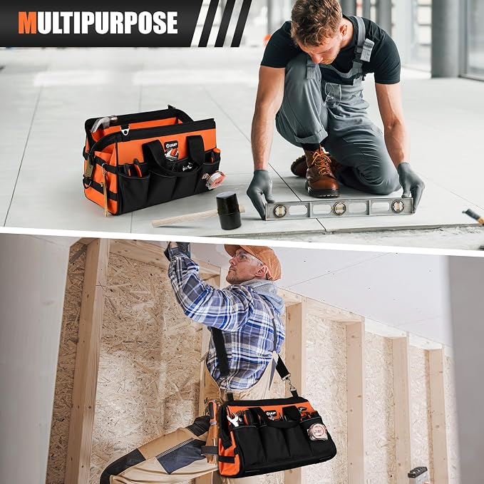 UUP Heavy Duty Tool Bag 15-Inch, 16-Pocket Portable Soft Tool Box Organizer Storage, Handle Tactical Carry Tote Empty Toolbox with Large Zipper, Father Day Dad Men Gift for Mechanic Engineer, Orange