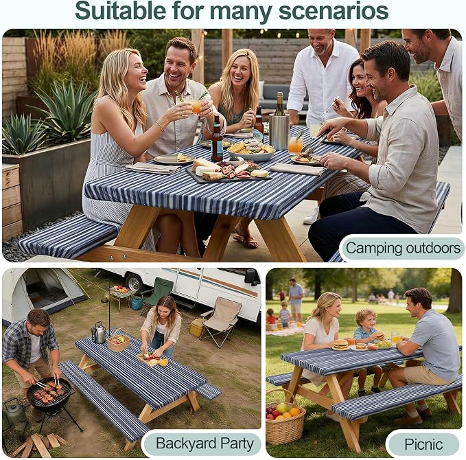 Play Tailor Picnic Table Cover with Bench Covers Camping Essentials Waterproof Windproof Camping Tablecloth with Drawstring Bag, Fitted Rectangle Tables and Seats, 72in, Navy Blue Stripes